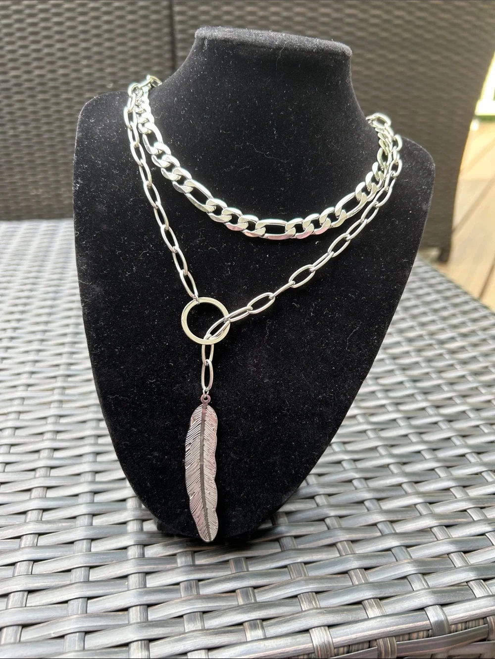 Silver Feather Layered Link Necklace for Women